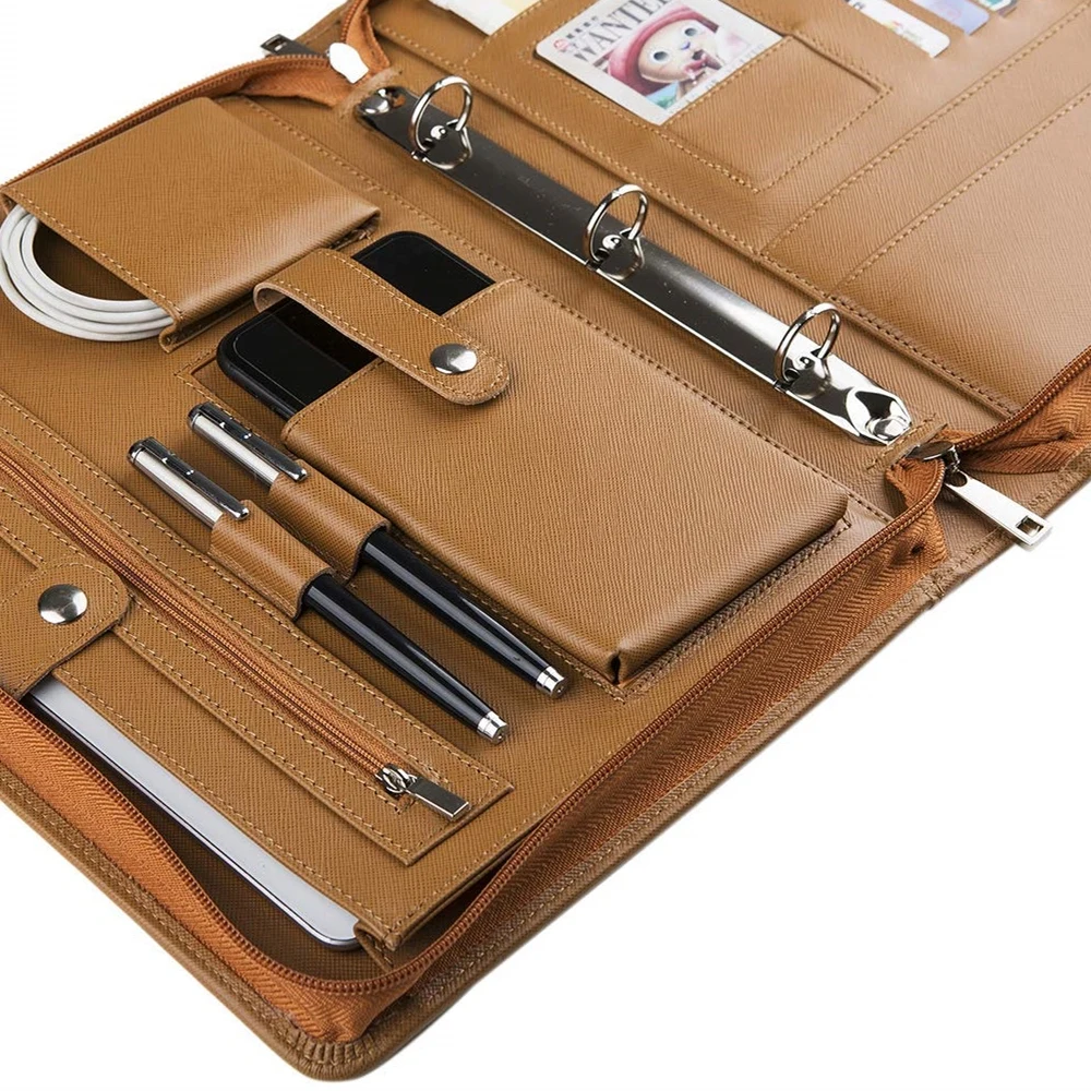 
Document Padfolio Personalized Business Brown Zipper File Folder Business PU Leather A4 Portfolio 