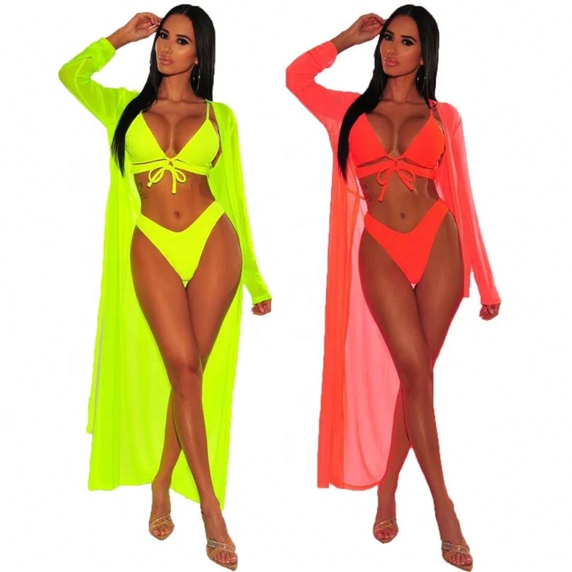 Long Sleeve Swimsuit Solid Color 3 Piece Beachwear Sets With Cape 2019