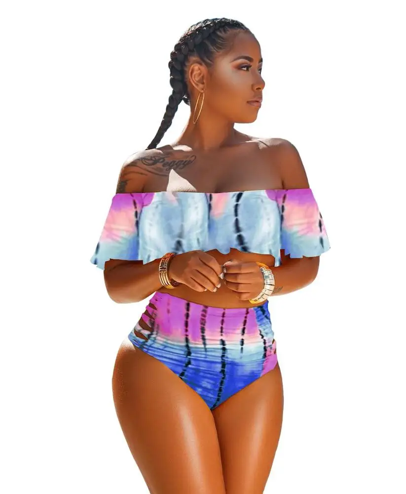 

2019 Hot Sell Ruffle Sleeve Off Shoulder Print bandage two piece bikini Swimwear, As shown