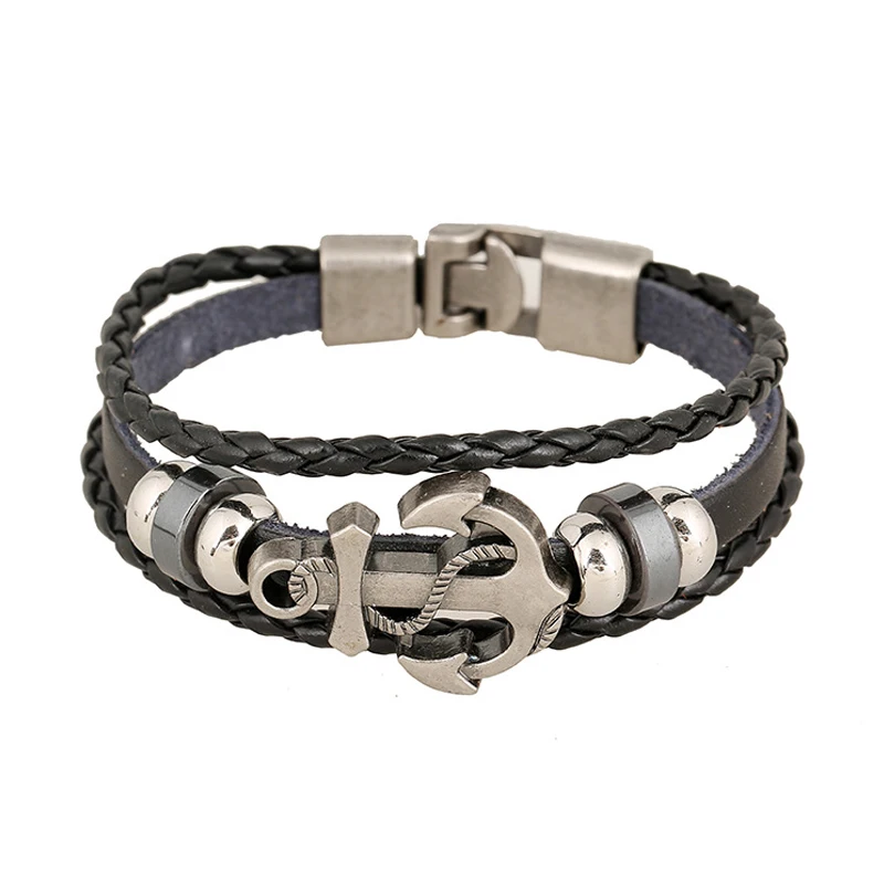 Free Shipping Hot Sale Multi Layers Metal Anchor Men Bracelet Fashion Leather Bracelet