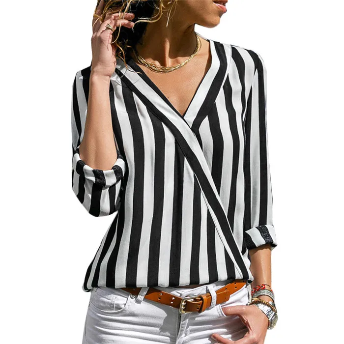 

Fashion Striped Chiffon Women Blouses 2019 Casual Long Sleeve V Neck Shirt Womens Workout Tops, N/a