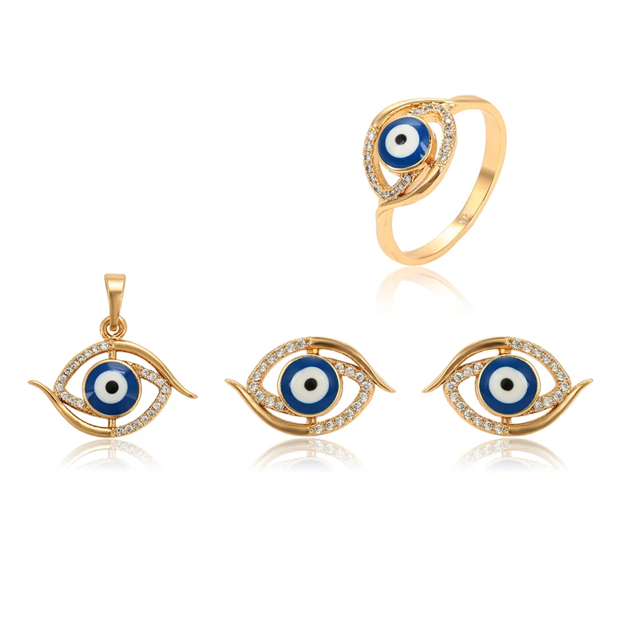 

S-29 xuping turkish blue eye earring pendant ring Muslim oeil turc fashion 18k gold Allah custom copper jewelry set, 18k gold color