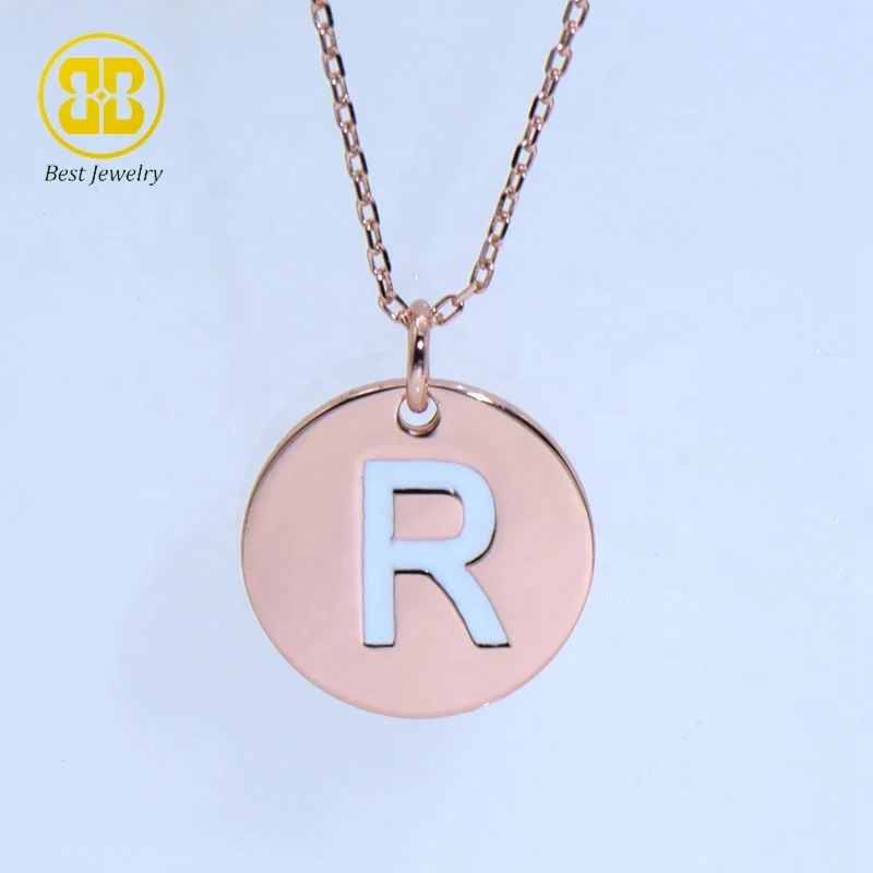 

Custom 26 Initial Alphabet Disc Charm 925 Silver Jewelry 18k Rose Gold Plated Coin Pendant Enamel Letter R Women Necklace