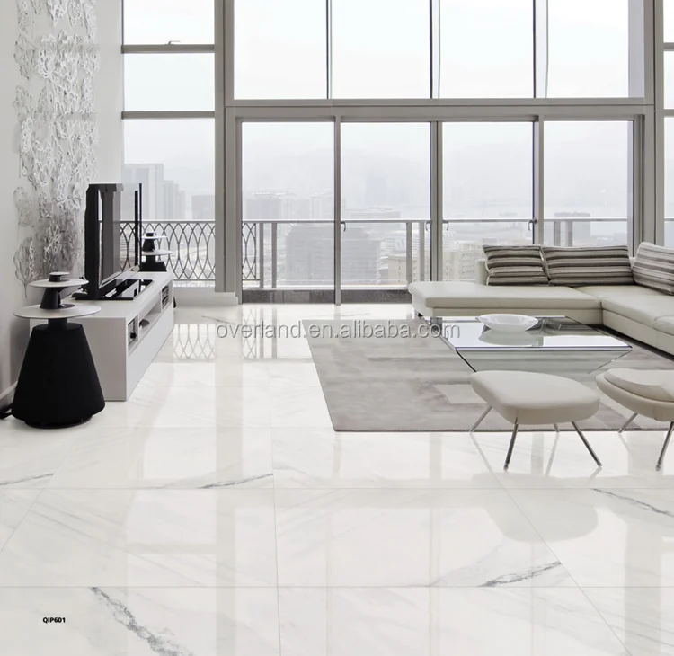 Glossy plain white floor tiles