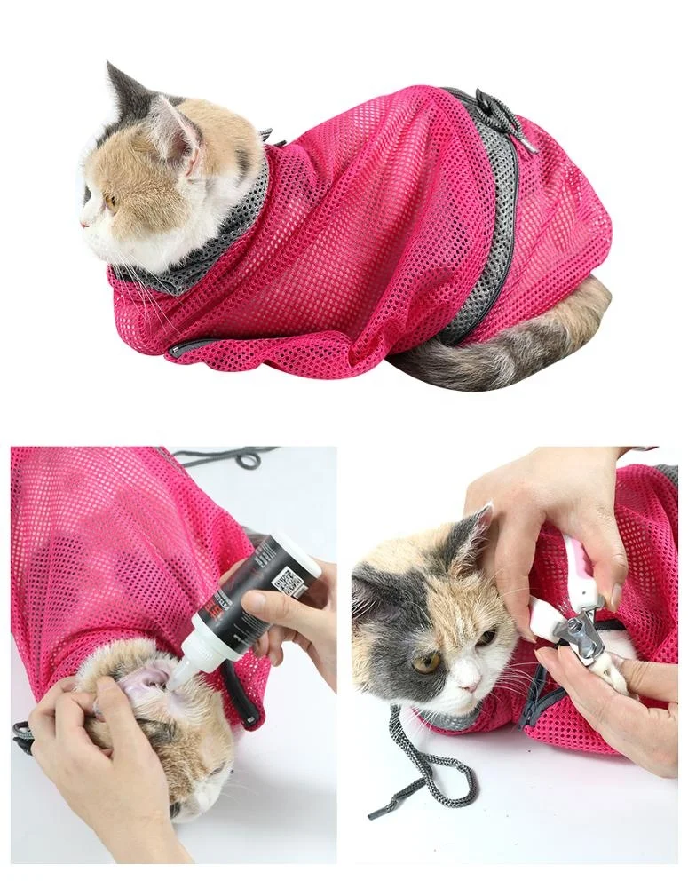 

Detachable Adjustable Pet Cat Grooming Bag for Cats Breathable Mesh Restraint Bag No Scratch Bite and Bath Inject Nail Trim, Red, cyan, grey, pink