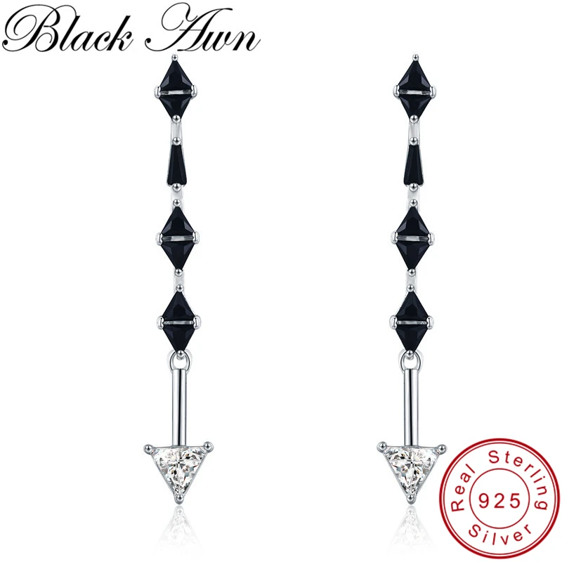 

[BLACK AWN] Sterling Silver 925 Jewelry Black Spinel Wedding Drop Earrings for Women 925 Sterling Silver Female Bijoux I057