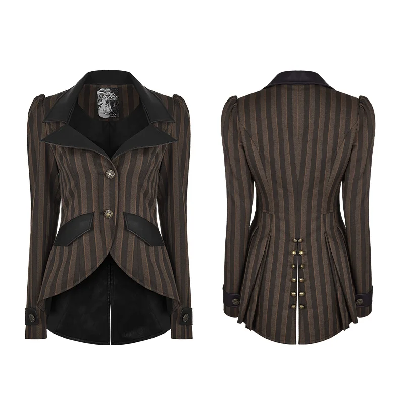 WY-822 Steampunk Womens Canvas Split Trendy Suit Stripe Long Sleeve Jacket