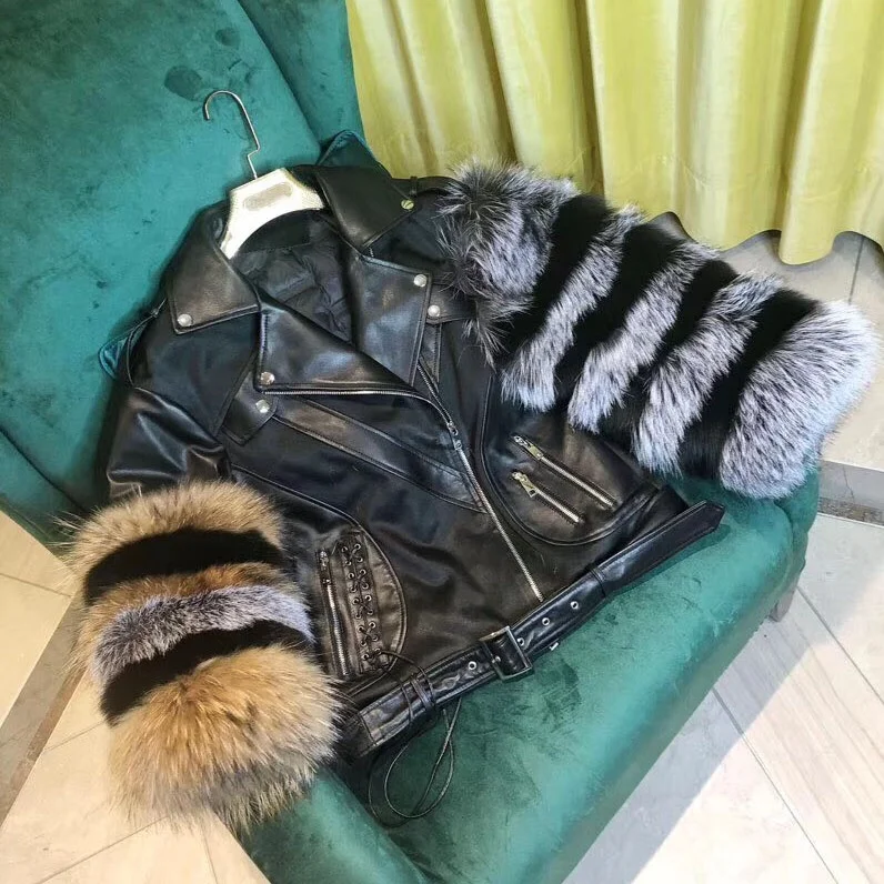 Top quality overcoat super big fluffy fur sleeve unique real leather bomber jacket down jacket female leather jacket with fur