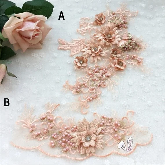 Luxurious Heavy Bead Lace Applique,3d Lace Applique Bridal With Pearls,Heavy Embroidered 3d