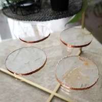 

Table Decor Wholesale Custom Natural Round Shaped Hexagon Clear Plain Set Crystal Agate Rose Pink Quartz Coasters with Gold Rim