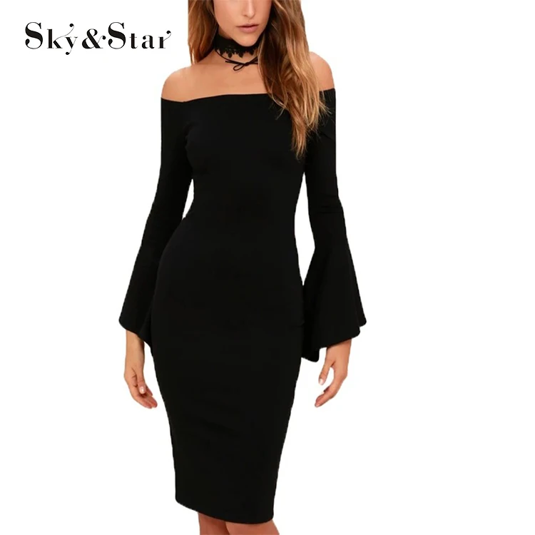 

China factory black long bell sleeves off-the-shoulder midi dress wholesale ropa mujer, Customized color as your requested.