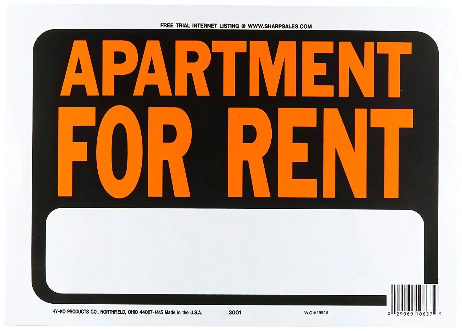 Hy-Ko "APARTMENT FOR RENT" Residential/Commercial Sign
