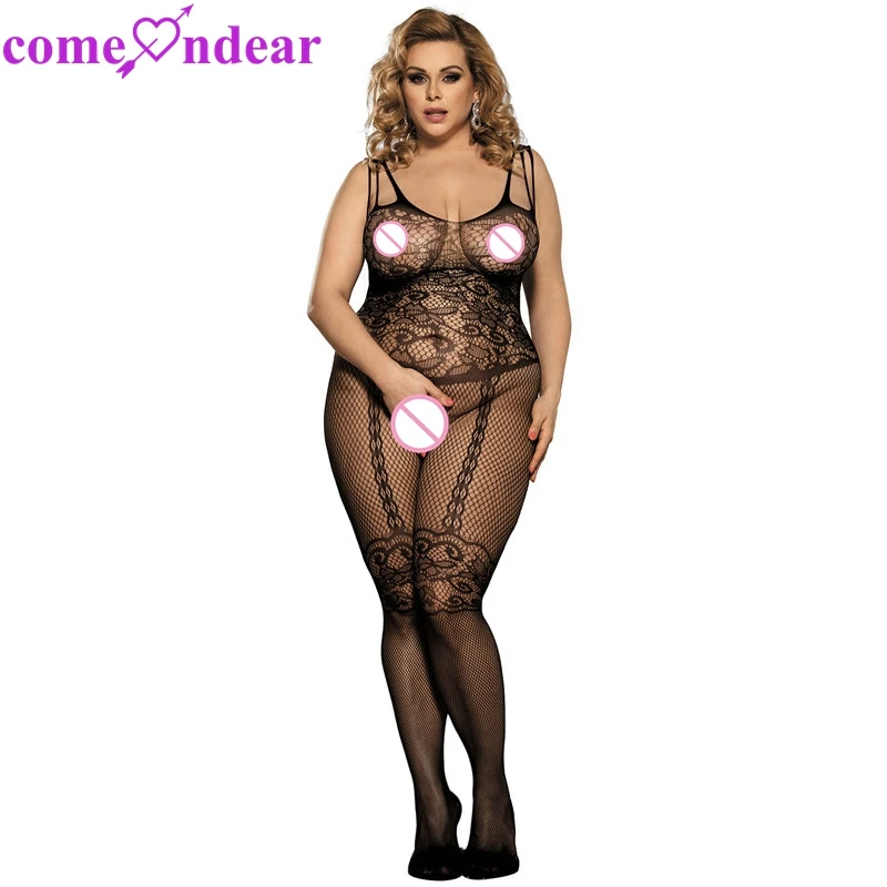 

Plus Size Transparent Crotchless Woman Sexy Black Mature Bodystocking