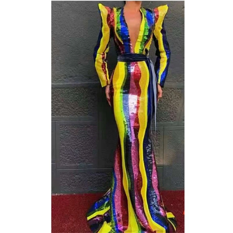 2019 newest  Long Sleeve V Neck Women Celebrity Bodycon Long Maxi Party Sequin Evening Dress