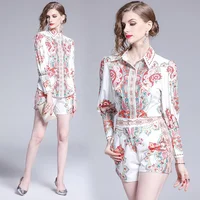 

Fall 2019 two piece set women clothing Floral Print Short Pants Office Chic Tops Woman Fashion Formal Suit