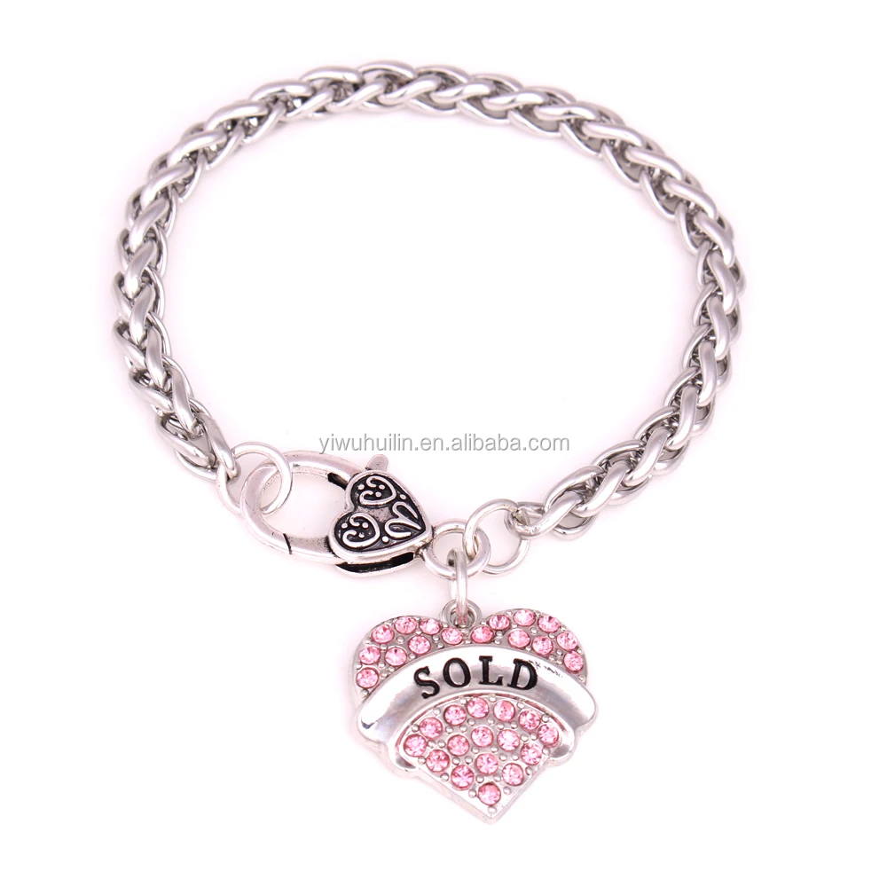 

BX700003 Fashion Inlaid Crystal Lettering Sold Heart Shape Wheat chain women bracelet, Silver