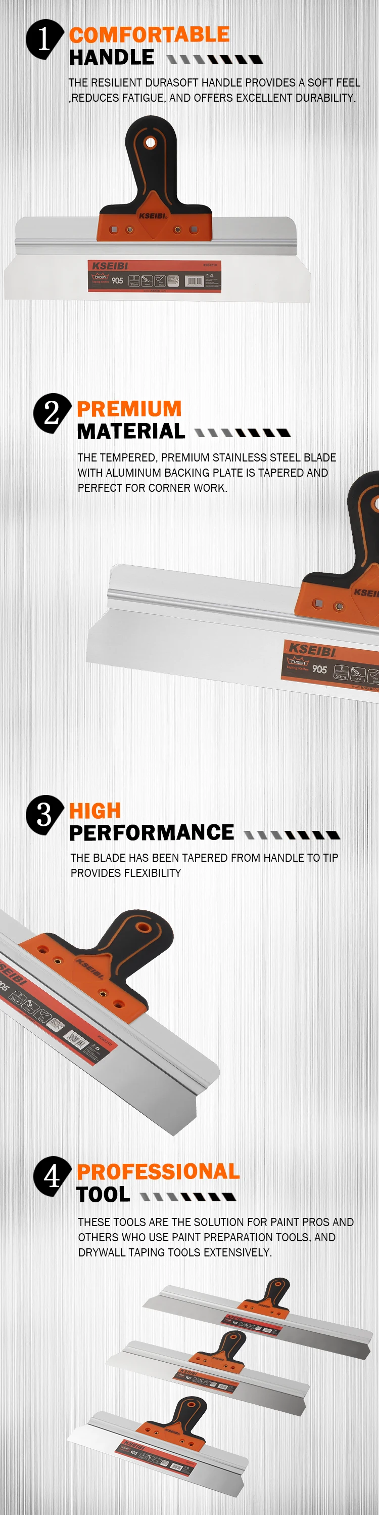 Kseibi Taping Knife Drywall Tool Scraper Putty Knife Stainless Steel Material With Rubber Handle