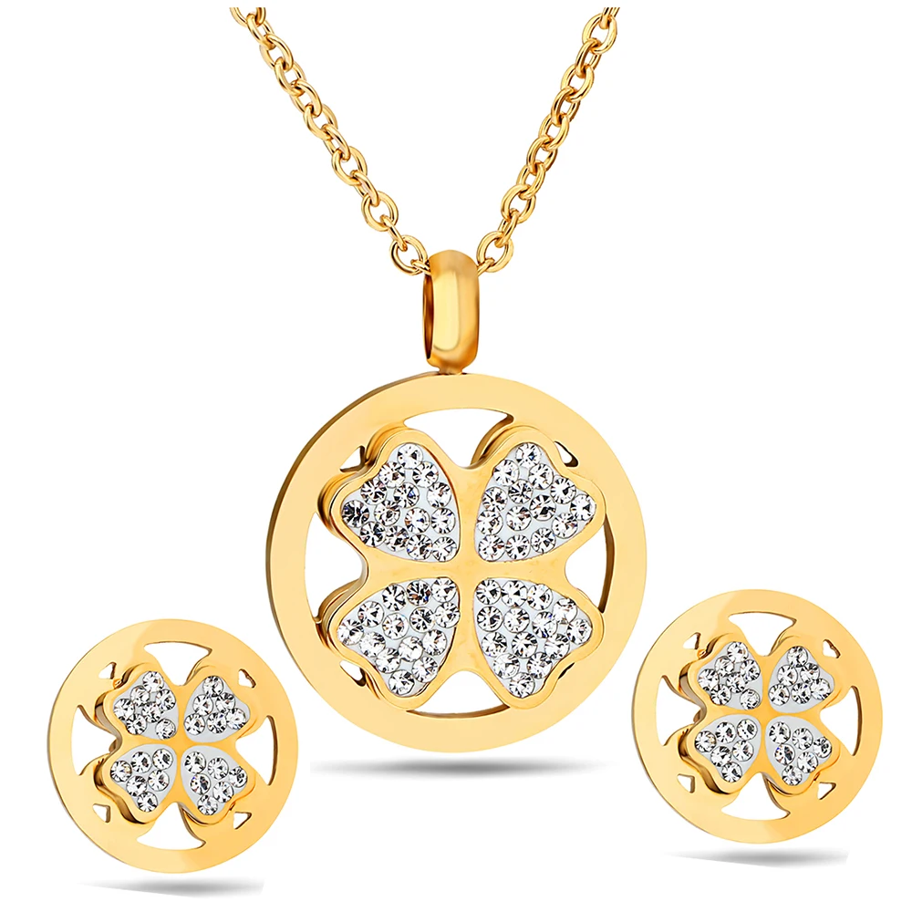 

Four Leaf Rhinestone Lucky Crystal Stainless Steel Gold Plated Jewelry Set