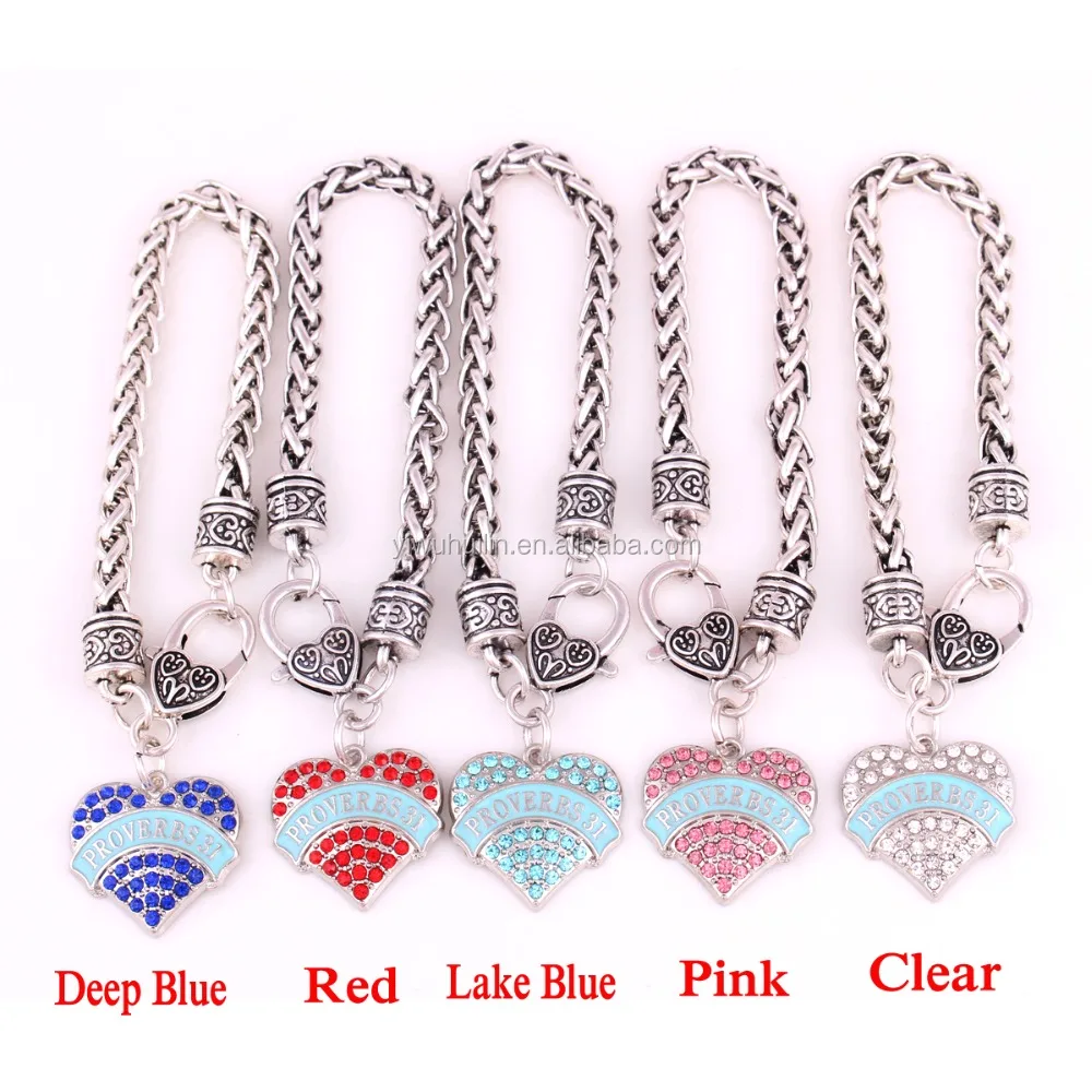 

IMG 9354 Fashion Jewelry multicolor crystal PROVERBS 31 heart shape Customize chain bracelet, Brass jewelry bracelets