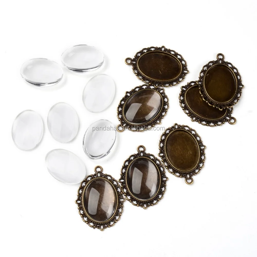 

Pandahall DIY Transparent Clear Glass Cabochons Tibetan Pendant Kit, Antique bronze