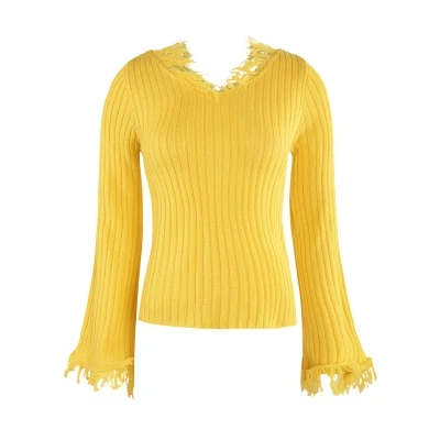 

Fashion simple slim version of the cuff-edge horn slim V collar casual lantern-sleeve women's sweater