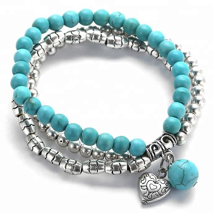 

Fashion 6mm Turquoise Beads Bracelet Alloy Pipe Heart Charm Metal Women Bracelet