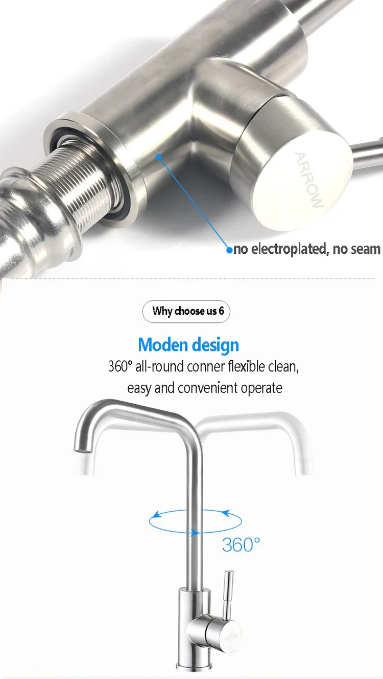 ARROW brand Cold hot water brushed ceramic valve water stream kitchen sink 304 stainless steel faucet