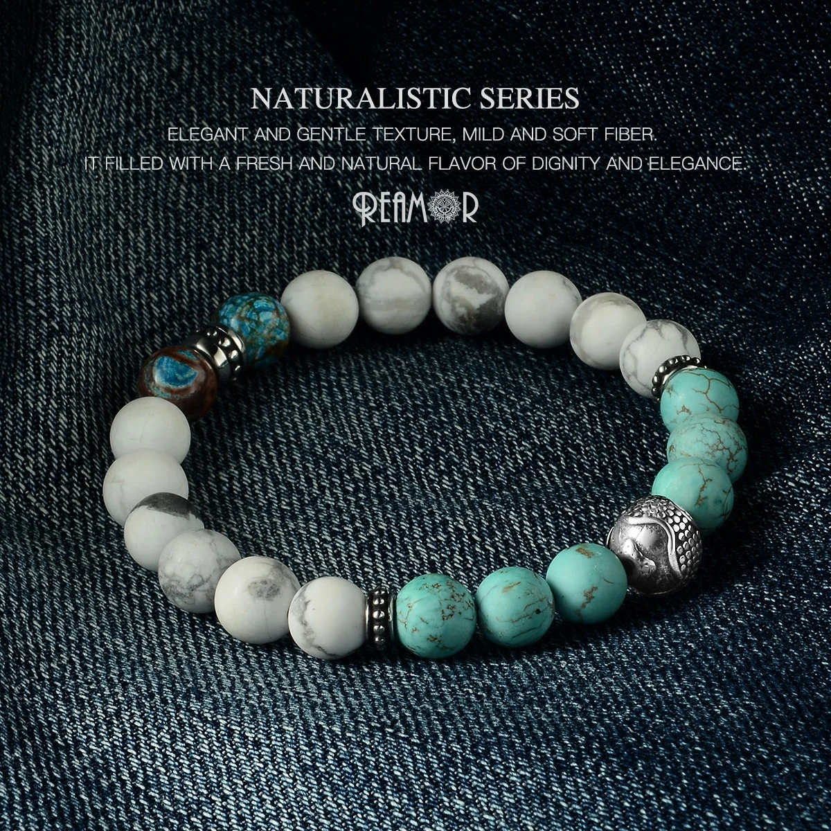 

REAMOR Fashion Blue Turquoises Natural Stone Elastic Bracelet Stainless Steel Round Ball 8mm Beaded Bracelets Unisex Jewelry