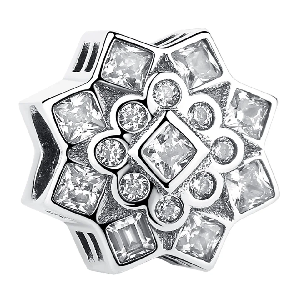 

Noble 925 Sterling Silver Flower Bead Charms with Clear Sparkling Crystal fit Fashion Bracelet DIY Jewelry, Silver color