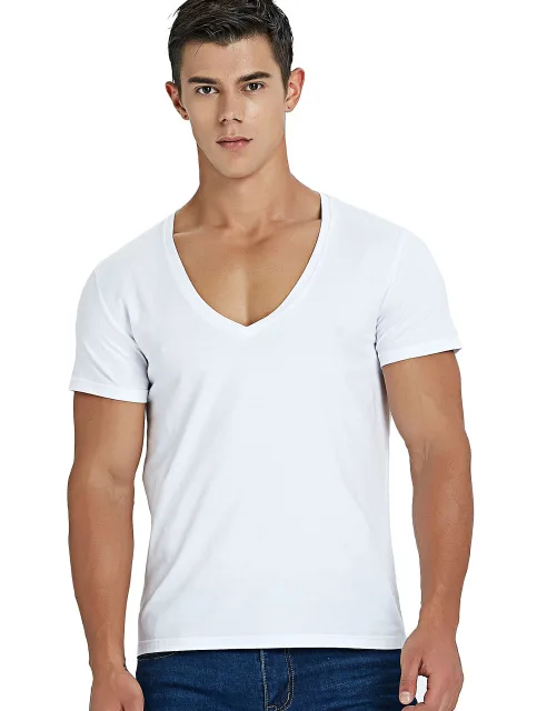 Male Cotton Slim Fitted Low Cut Tops Scoop Neck T Shirt For Men Summer ...