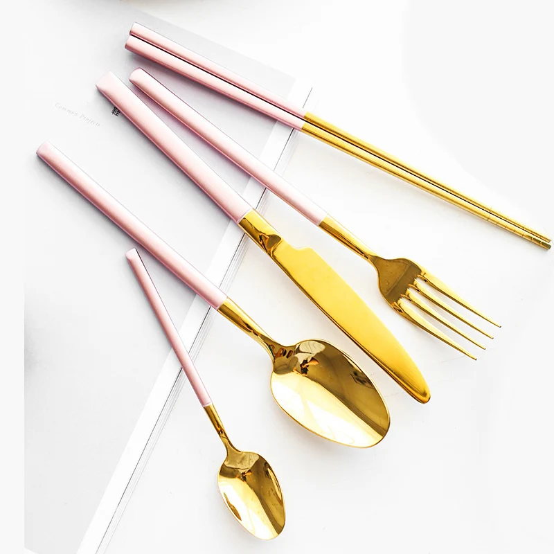 

MY304-G Gold cutlery set stainless steel pink spoon fork knife gold flatware set, Golden pink or customized