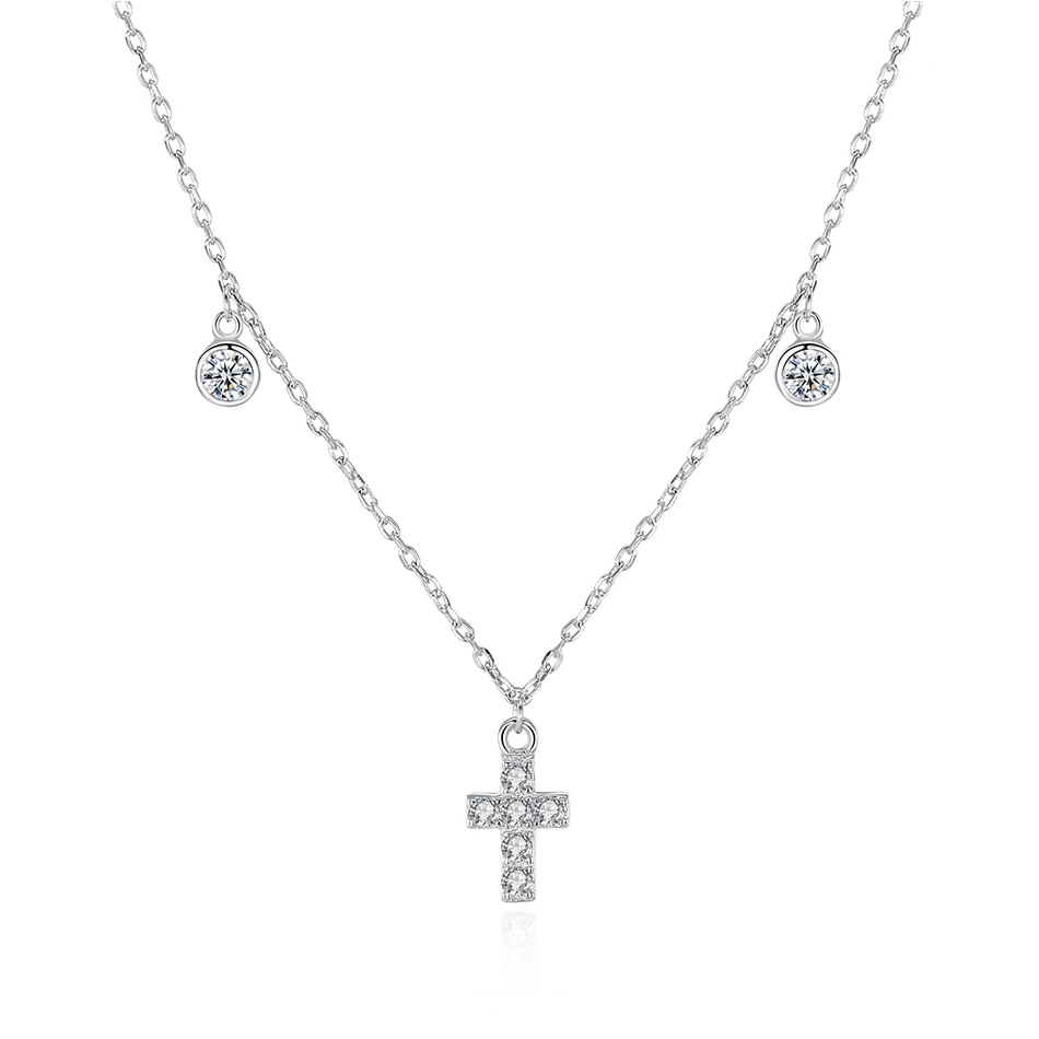 

Simple Style 925 Sterling Silver Necklace Cross Pendants Necklaces with Clear CZ Beads fit Wedding Women Jewelry