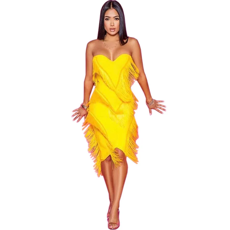 2019 top design sexy women knee-length dress sexy 3 colors strapless skinny dress ladies sexy club party tassel dress