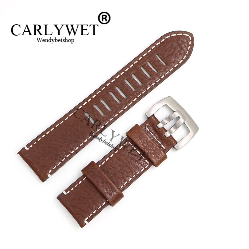 

CARLYWET 23mm Wholesale Real Leather Brown Handmade Thick Vintage Wrist Watch Band Strap Belt With Double Tongue Pin Buckle