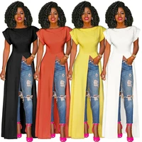 

A050706 women hot solid color fashion dress short sleeve plain summer long maxi t shirt dress with high slit