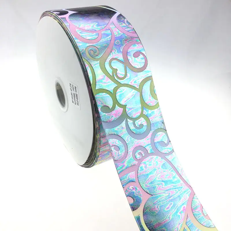 

100 yards  3" Valentine's day heart grosgrain rainbow hologram with heat transfer printed ribbon, 196 colors for choose