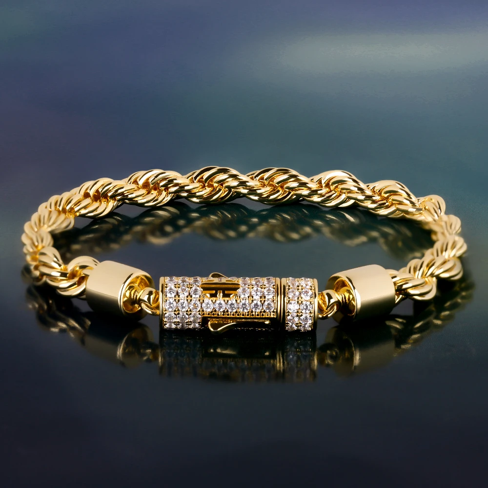 

KRKC&CO Hip Hop Charm Bracelet for Men and Women Wholesale 14K Gold Plated Bracelet 6mm Rope Chain Bracelet, Golden