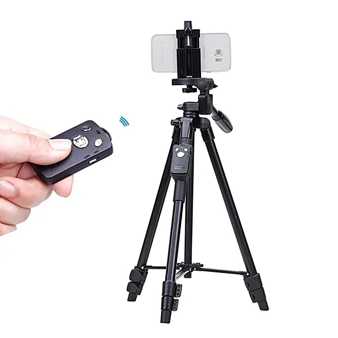 

YUNTENG 5208 Aluminum Camera Tripod with Bluetooth Remote and Phone Clip for Smartphones, Black