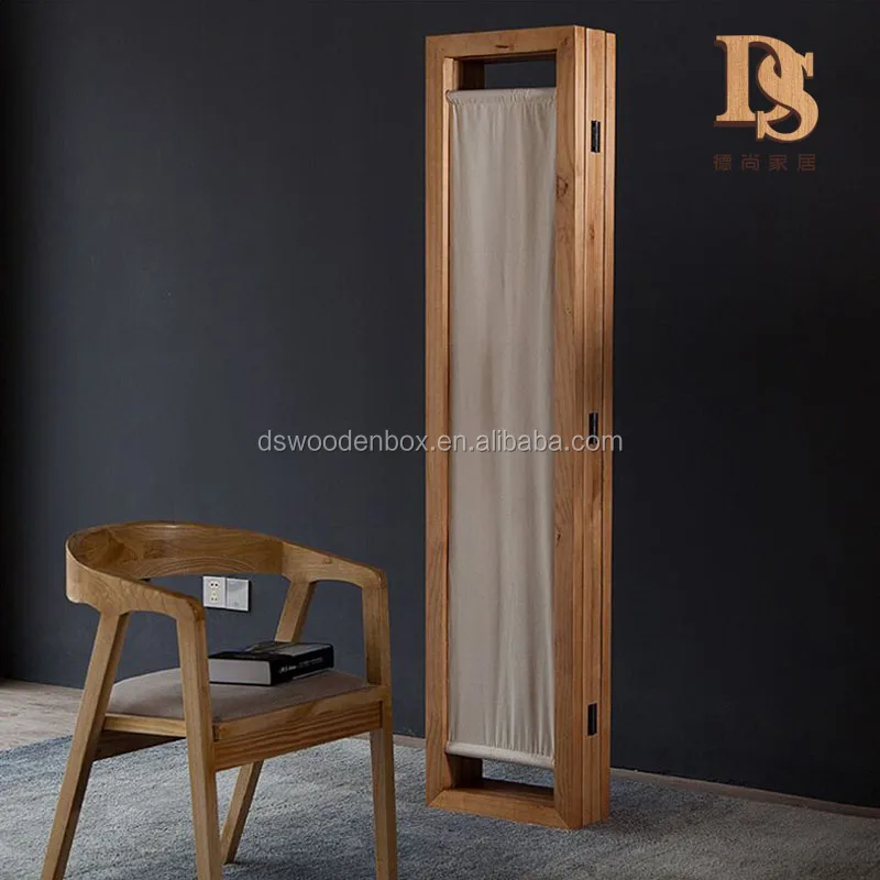 
4 Panel Folding Room Divider With Canvas Inlay Wooden Screen 