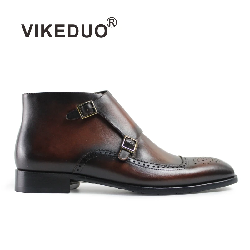 

VIKEDUO Hand Made New Model Brown Brogue Monks Ankle Double Buckle Mens Shoes Boots For Male Fashion Show