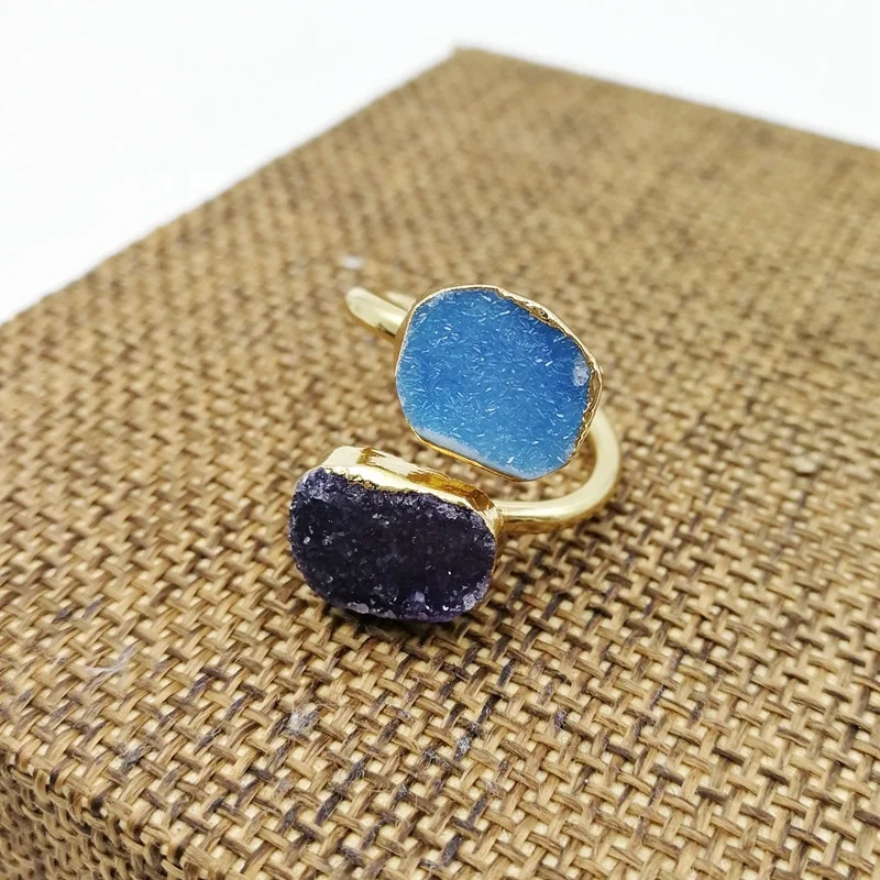 

Women Boho Adjustable Double Ring Gold Plated Fashion Jewellery Titanium Druzy Natural Stone Rings Jewelry Women