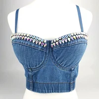 

Gz Stock Europe Nightclub Crystal Bead Denim Bra Tops Fashion Denim Tops For Ladies