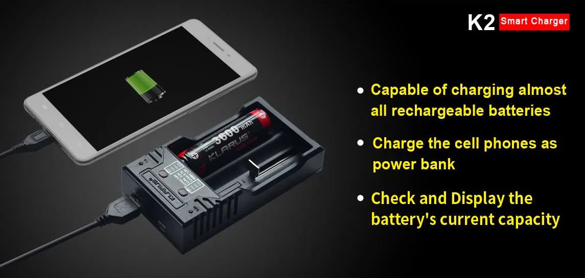 Cargador de dos celdas capaz de cargar casi todas las baterías recargables para usar como banco de energía batería no incluida Cargador Klarus K2 