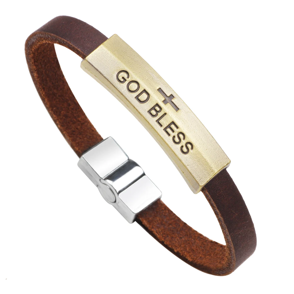 God Bless You Letter Leather Cross Bracelet With Custom Engraved Logo