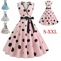 

Women Retro Rockabilly Dress Fashion Summer V-neck Sleeveless Polka Dot Dress 1950s Vintage Swing Dress