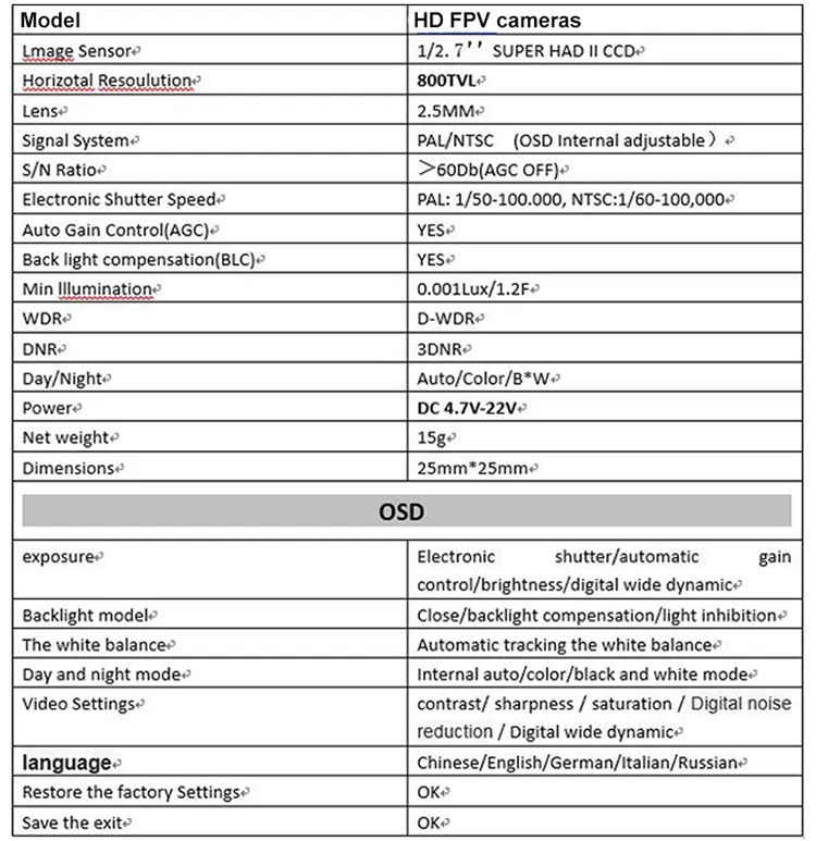 FPV 800TVL HD 1/2.7" SUPER HAD II CCD Mini Camera 2.5mm Lens With OSD Button PAL / NTSC for RC Drone Quadcopter Models