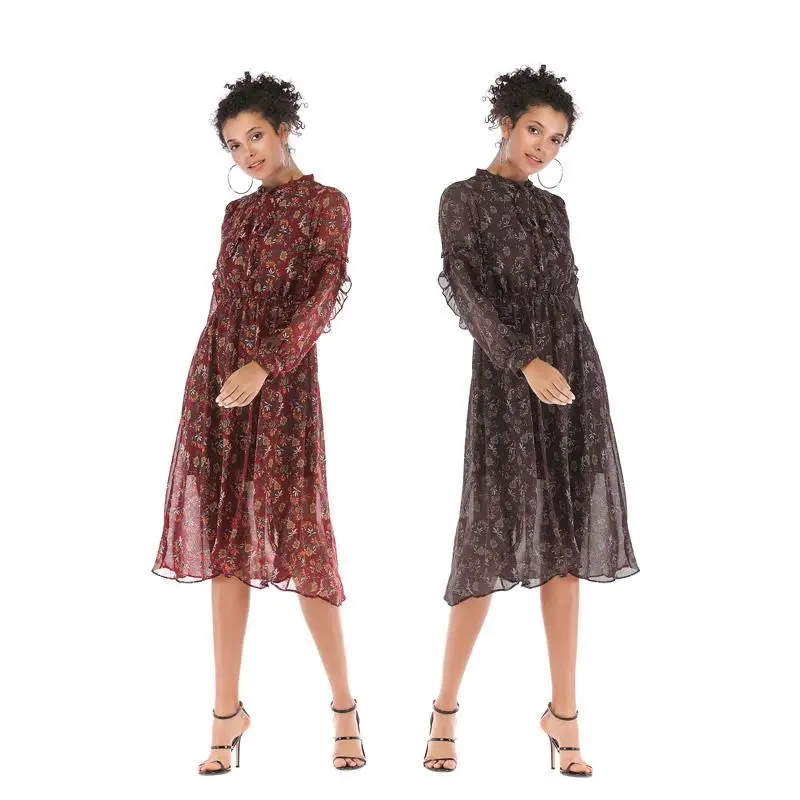 

New spring clothes women bow floral slim women chiffon dress long loose long sleeve dress big swing skirt