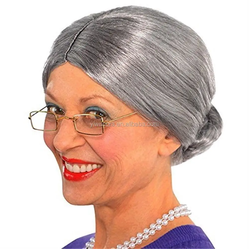 Synthetic Granny Old Lady Woman Grandma Curly Grey Wig Pearls Walking ...
