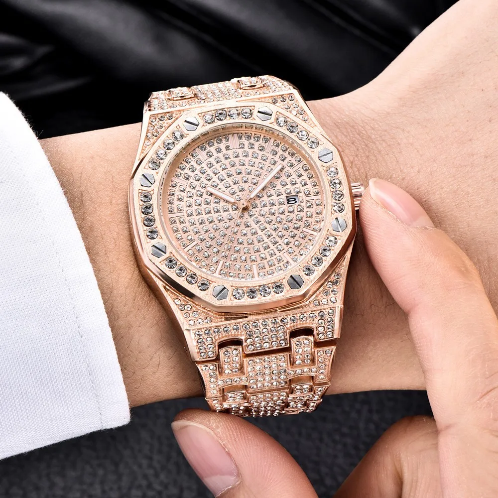 Mens Watches Fashion Iced Out Stainless Steel Quartz Full Diamond Watch