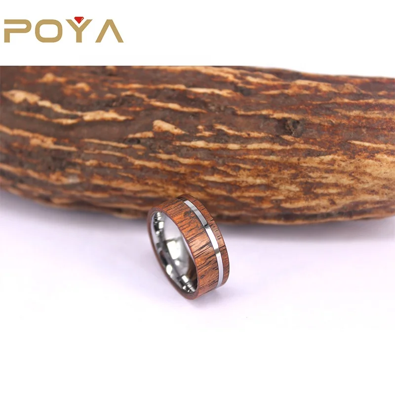 

POYA Jewelry 8mm Flat Top High Polish Male Tungsten Ring with Koa Wood Overlay